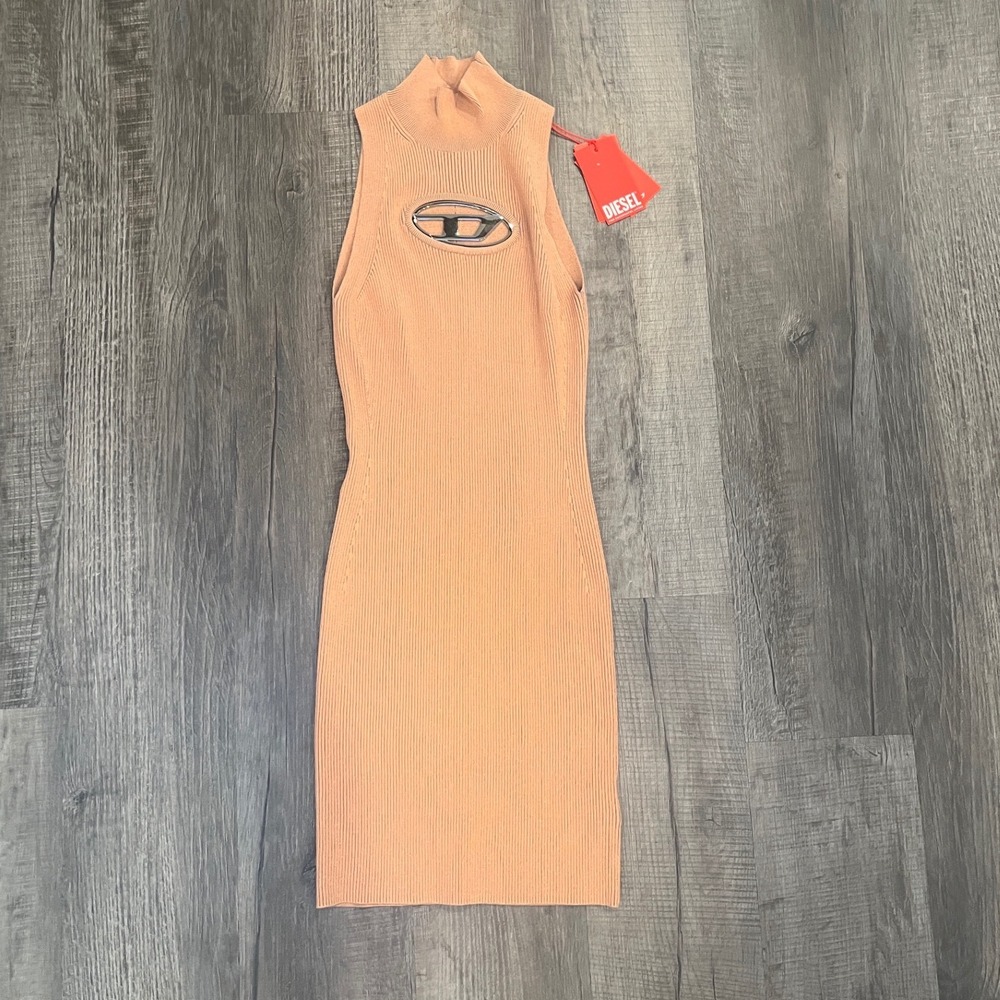 Diesel M-Onerva-OdlaX Ribbed Knit Dress Peach Orange Oval D Logo Cutout NWT